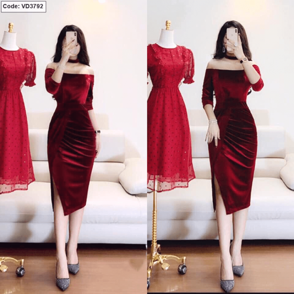 Đầm body đỏ vải nhung trễ vai xẻ đùi giá sỉ tận xưởng