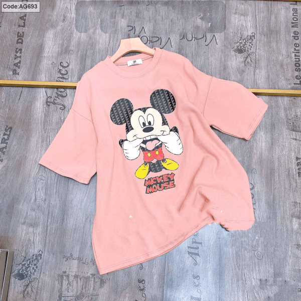 Áo thun nữ màu hồng in chữ Mickey