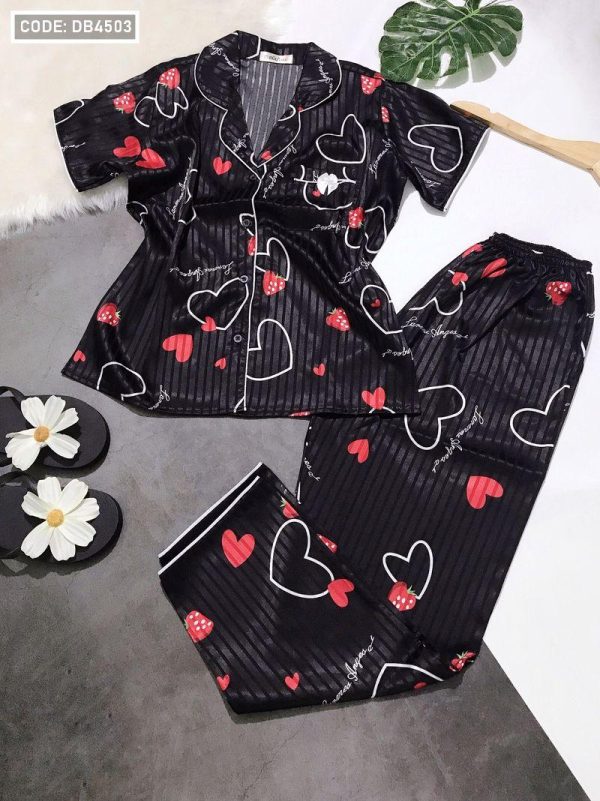 Set bộ Pijama quần dài vải gấm họa tiết trái tim