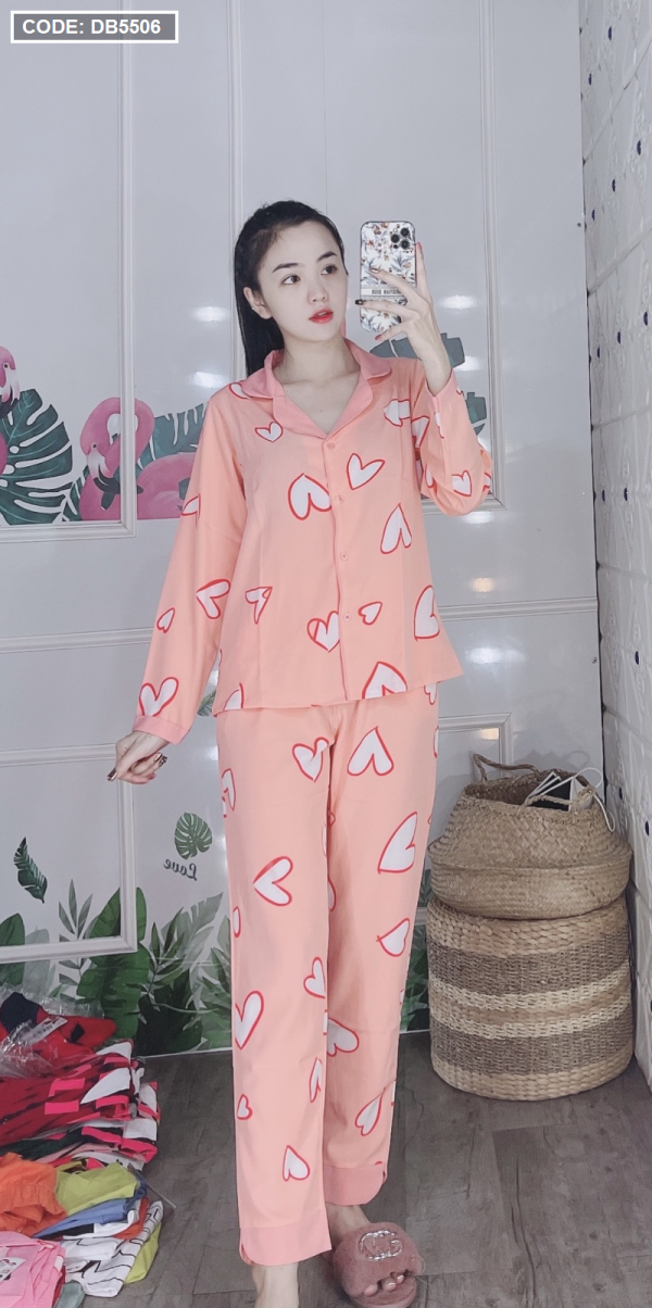 Đồ bộ nữ Pijama tay dài quần dài họa tiết trái tim vải lụa - DB5506