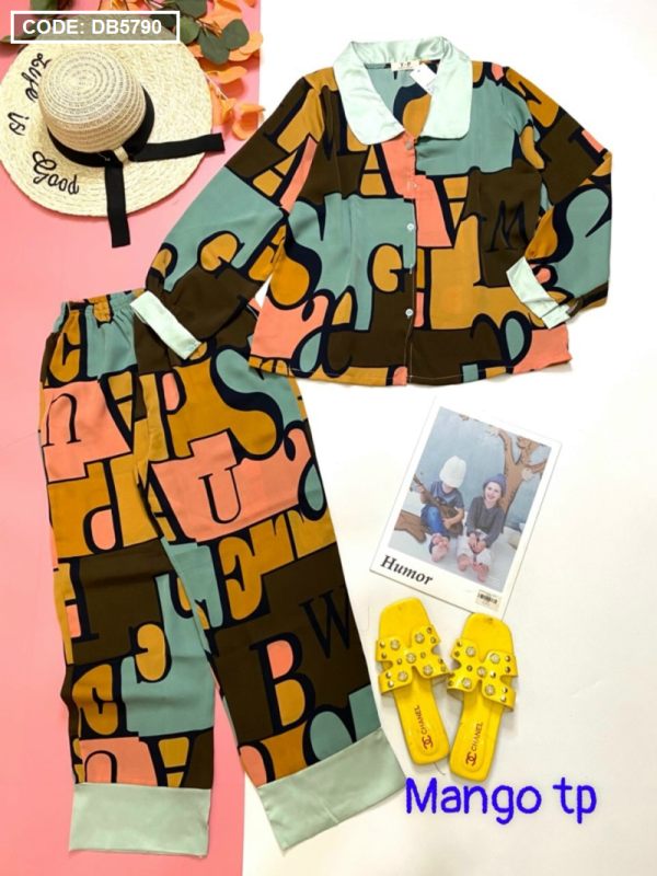 Đồ bộ nữ Pijama áo cổ sen tay dài quần dài vải mango - DB5790