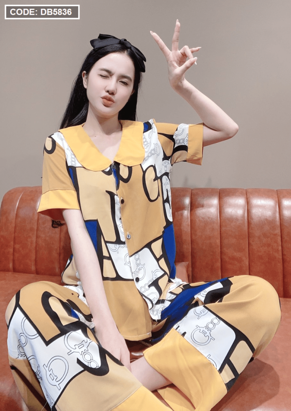 Đồ bộ nữ pijama vải mango cổ sen tay phối - DB5836