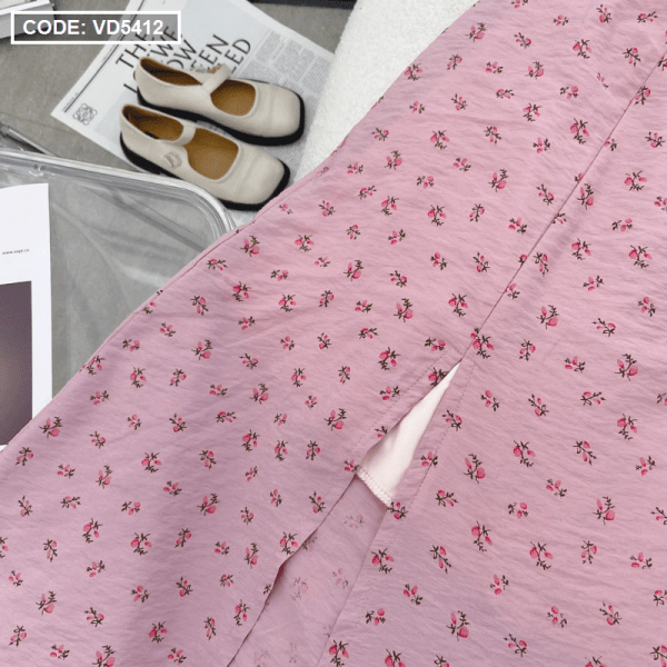 Đầm maxi hoa nhíu ngực xẻ đùi màu hồng - VD5412