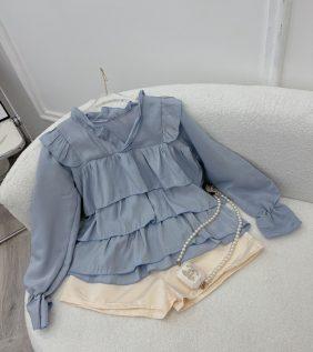 Set áo Baby doll màu xanh tầng tay dài kèm short - DB5918