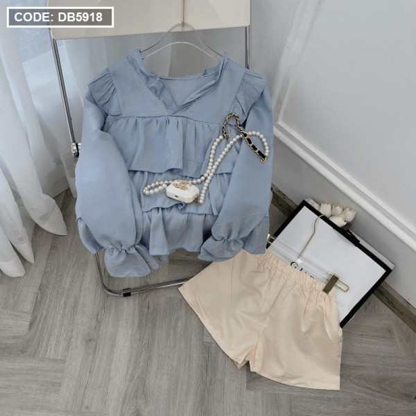 Set áo Baby doll màu xanh tầng tay dài kèm short - DB5918