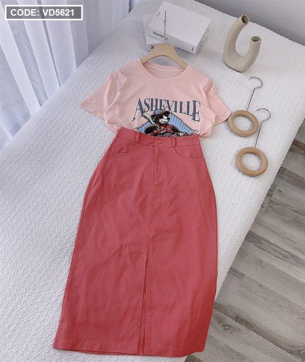 Set áo thun chân váy xẻ màu hồng - VD5621