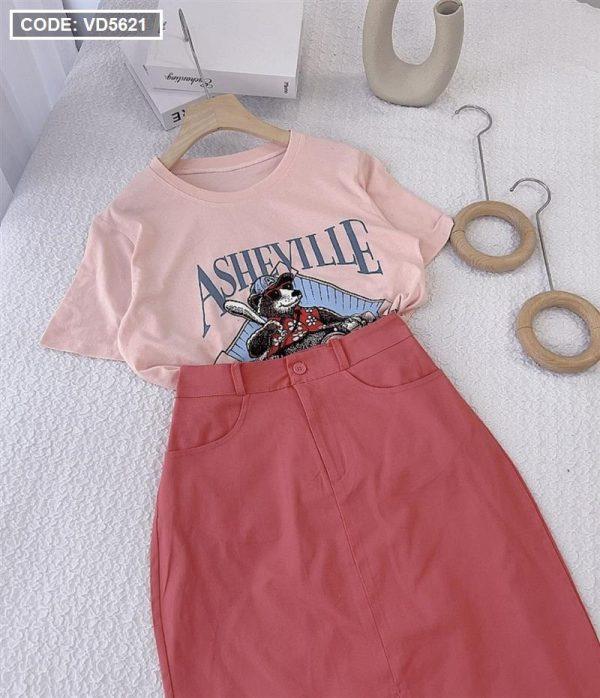 Set áo thun chân váy xẻ màu hồng - VD5621