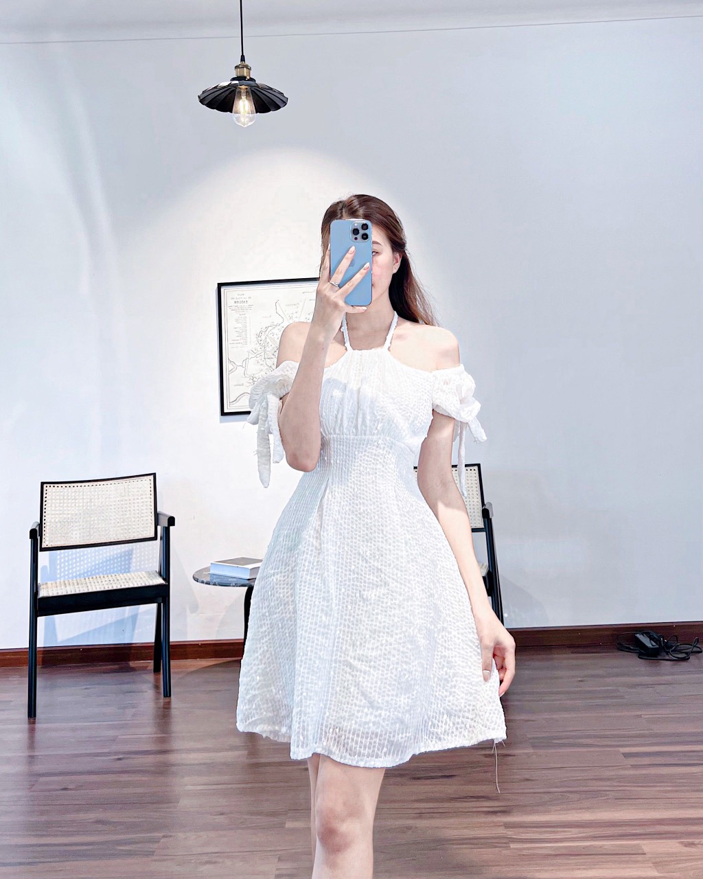Đầm ren bi nữ cổ yếm màu trắng - Quần Áo Xưởng May ANN