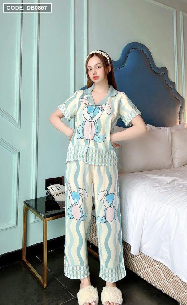 Bộ nữ pijama mặc nhà vải latin họa tiết sang chảnh - DB0857