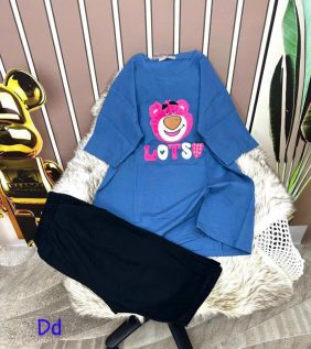 Đồ bộ quần lửng đen áo tay ngắn in hình đầu gấu hồng - DBO2396