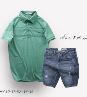 Set Bộ Nam Quần Short Jeans Phối Áo Thun Cotton Tay Ngắn Cổ Bẻ Có Túi - SBN076
