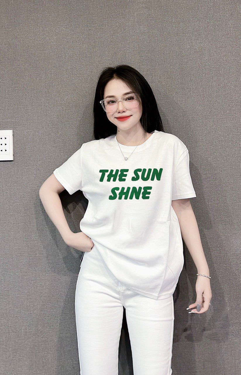 Shop chuyên sỉ áo Thun Nữ Cổ Tròn In Chữ THE SUN SHNE form ôm suông rộng size L(55-75kg)