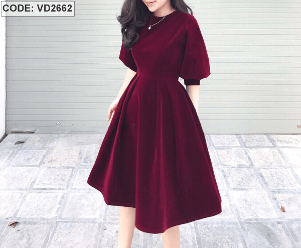 Đầm đỏ tay phồng xòe vải cotton mỹ hàng nhập