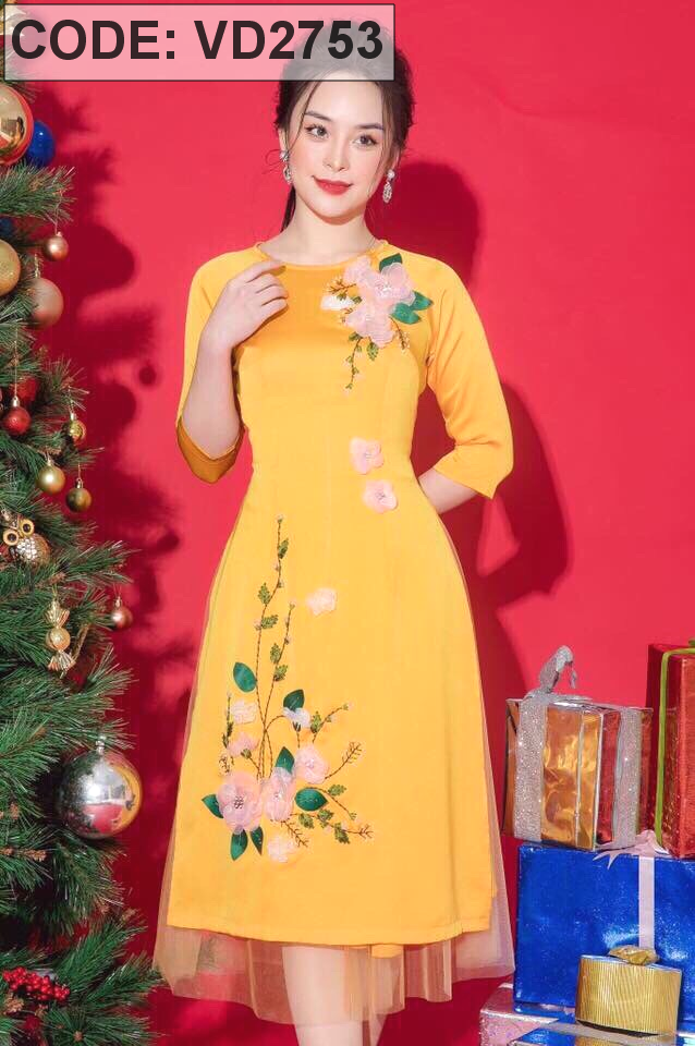 Set áo dài gấm in hoa 3D chân váy ren - ANN.COM.VN