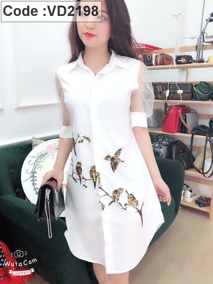 Đầm sơmi trắng in họa tiết chim tay phồng - Quần Áo Xưởng May ANN