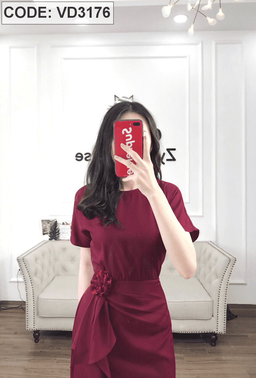 Đầm nhung đỏ booc đô ôm A nơ eo