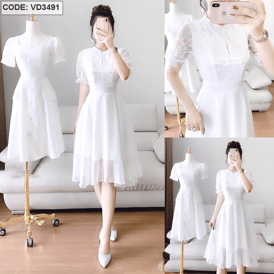 Đầm trắng ren tay dài tùng lưới xòe  Bán sỉ thời trang mỹ phẩm