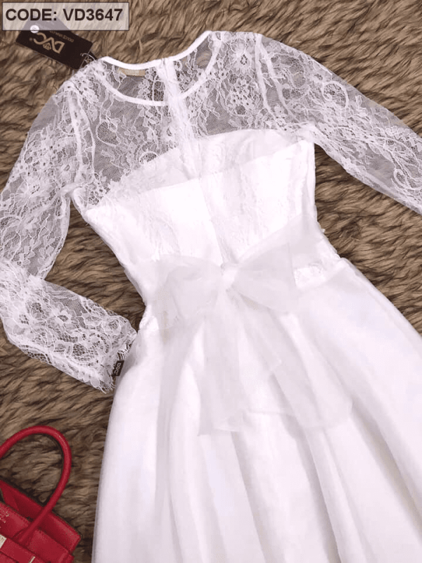 Đầm trắng ren tay dài tùng lưới xòe giá sỉ tận xưởng