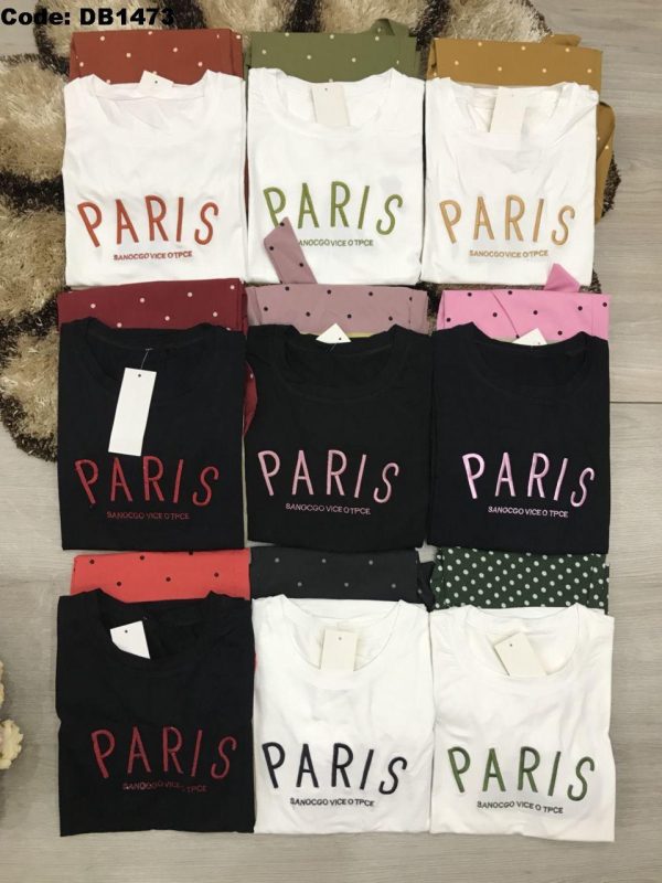 Đô bộ áo thêu chữ Paris quần chấm bi